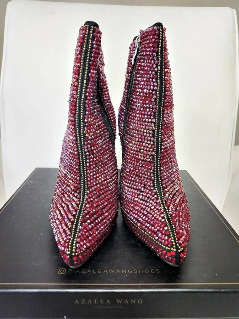Azalea Wang Rosche-Multi Embellished Heeled Boots Burgundy US 7.5 Nwt